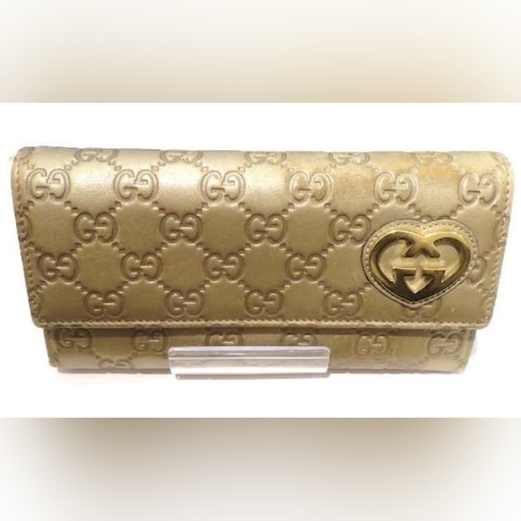 Gucci GUC Gold Brown Biege Leather Lovely Heart GG Pattern Long Wallet (W90) - Picture 1 of 15